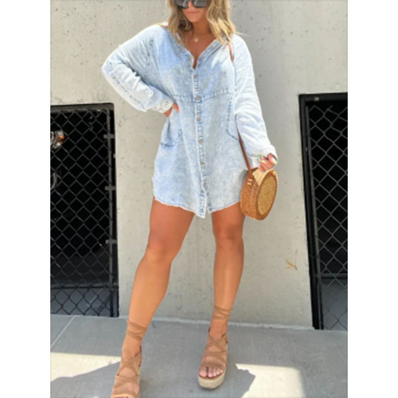Elegant Denim Dress Washed Loose Shirt Plus Size