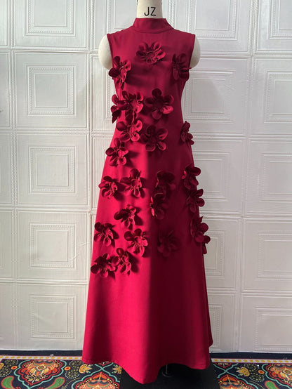 Women's Long Dress Stitching Three-dimensional Flower High Waist Design Dresses