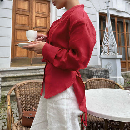 Women's Linen Ribbon Shirt Design Sense Graceful Fashionable Blouses