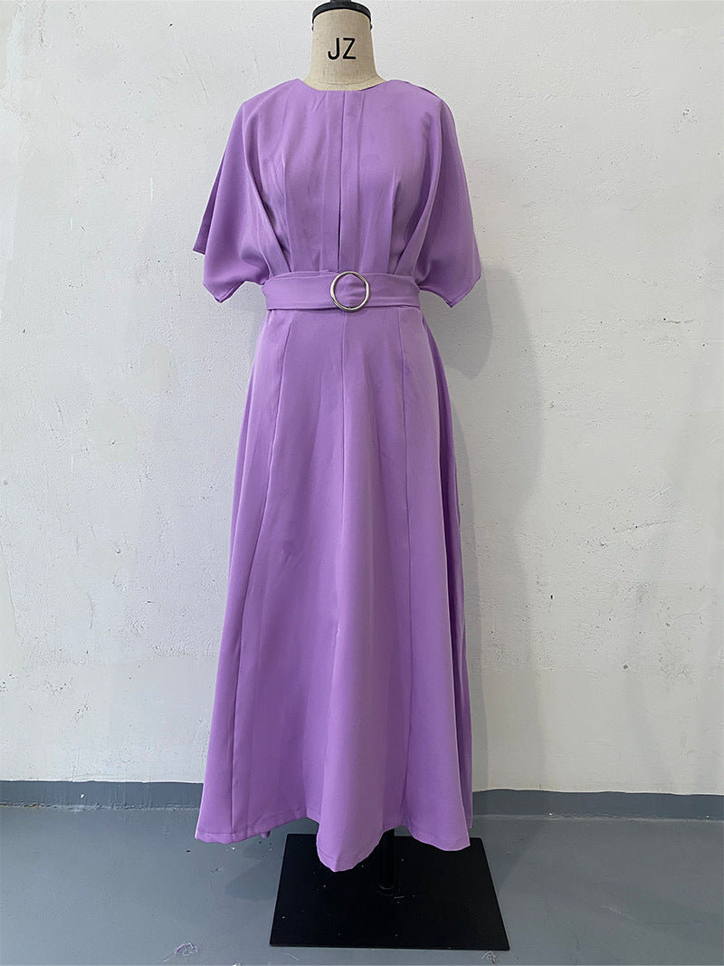 Color Fashion Round Neck Sleeves Dress Belt Shorts