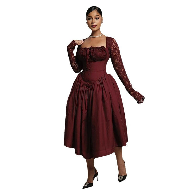 Women's Square Collar Lace Long Sleeve Waist Dresses