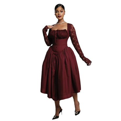 Women's Square Collar Lace Long Sleeve Waist Dresses