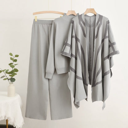 Women's Temperament Idle Style Knitted Shawl Cape Wide Leg Suits