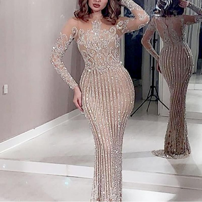 Long Dress Temperament Commute Gold Sequined Solid Color Dresses