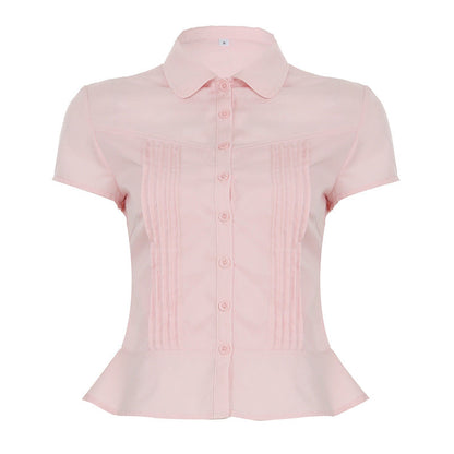 Women's Organ Pleated Solid Color Collar Short-sleeved Blouses