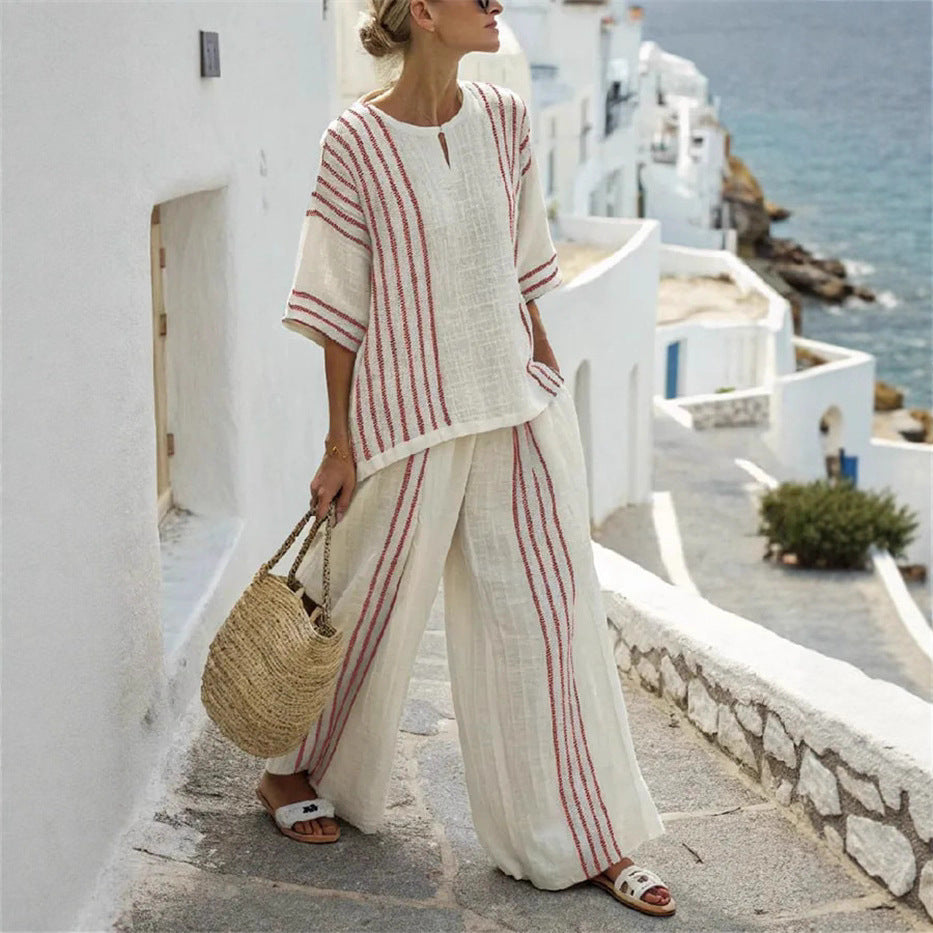 Women's Casual Comfortable Striped Printed T-shirt Wide Suits