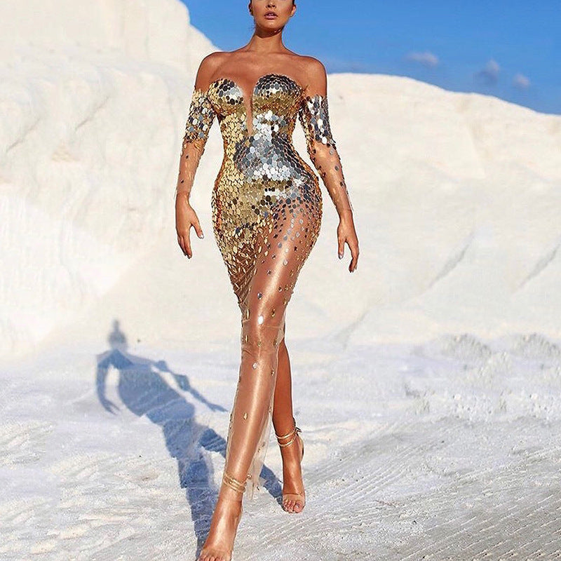 Women's Summer Dress Sequined Sexy Mesh Long Wedding Dresses