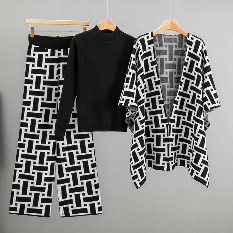 Women's High-grade Elegant Shawl Fashionable Jacquard Three-piece Sweaters