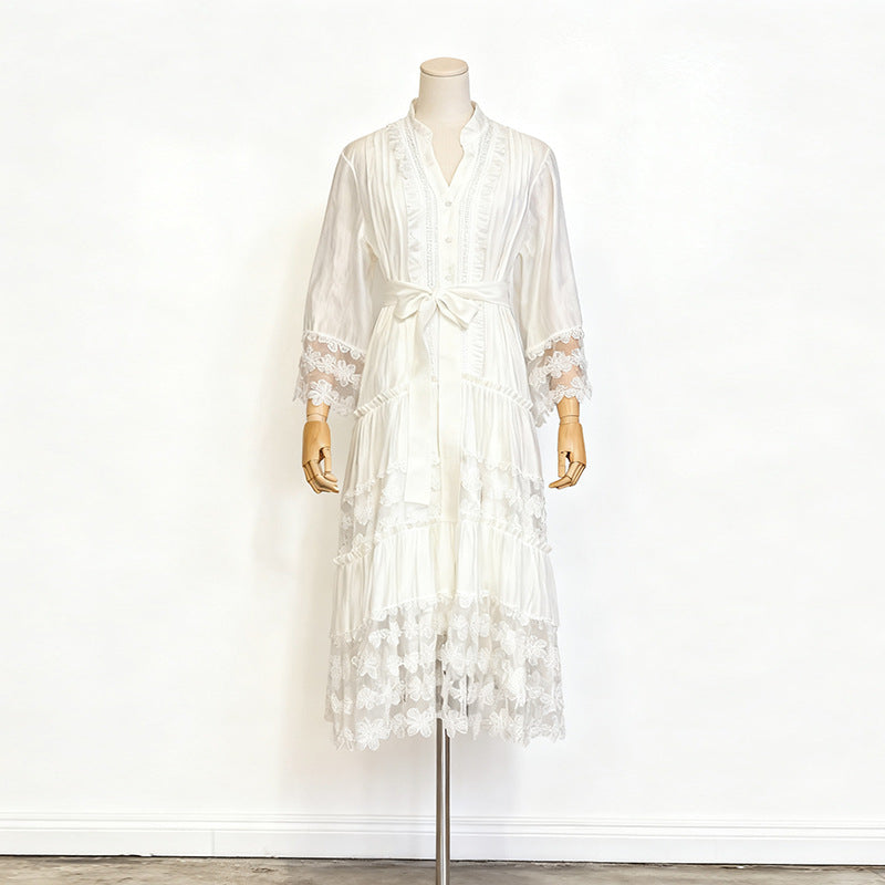 Women's Lace Embroidery Stitching Ruffled Long Dress Dresses