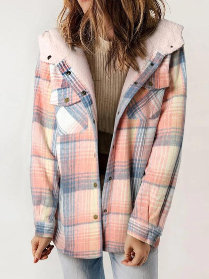 Women's Plaid Long Sleeve Furry Hooded With Jackets