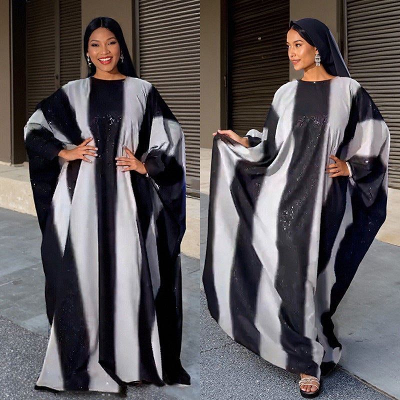 Women's Fashion Printed Satin Muslim Robe Party Dresses