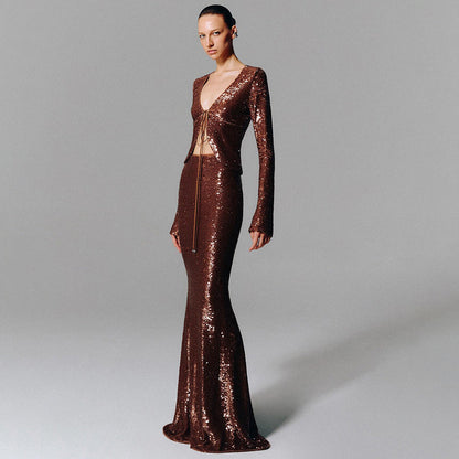 Luxury Dark Brown Sequined Dress Party Dresses