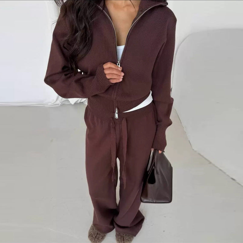 Women's Solid Color Slim Fit Knitted Trousers Suits