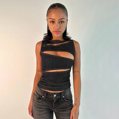 Women's Summer Hot Sexy Cutout Imitation Denim Tops