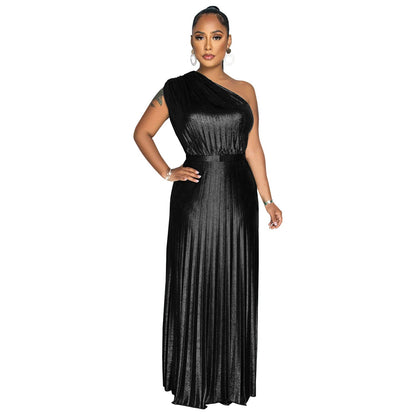 Women's Wear Elegant Bronzing Slant Shoulder Sleeveless Solid Dresses