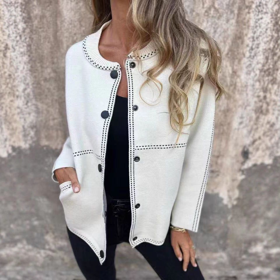 Striped Loose Round Neck Button Long Sweaters