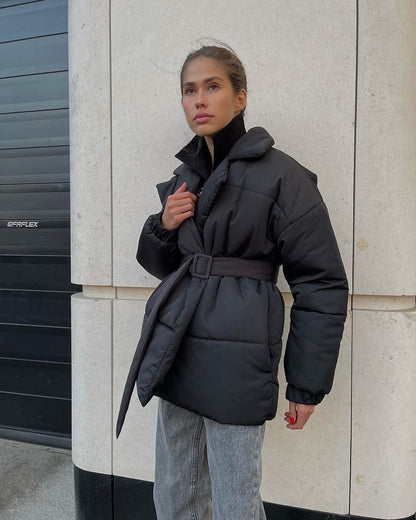 Women's Padded Lapel Cinched Slimming Pure Color Coats