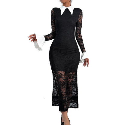 Dress Black White Contrast Color Lapels Dresses