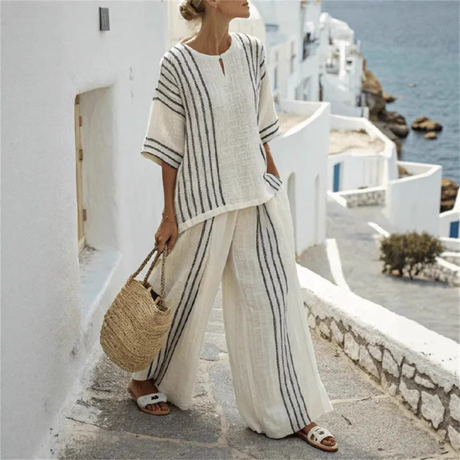 Women's Casual Comfortable Striped Printed T-shirt Wide Suits