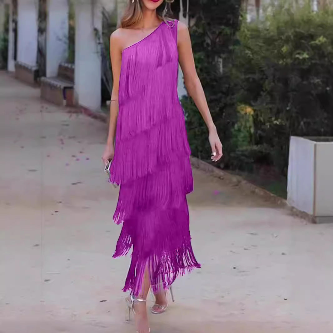 New Fashion Tassel Shoulder Asymmetric Dress Dresses