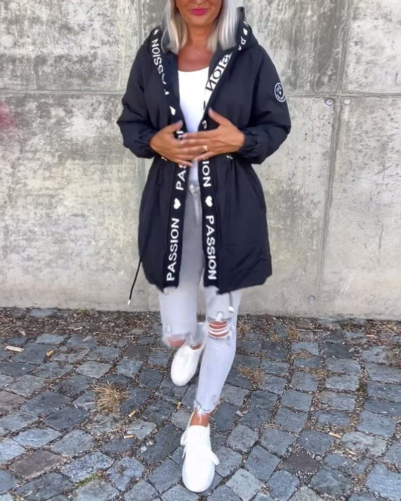 Women's Casual Drawstring Zipper Pocket Letters Coats
