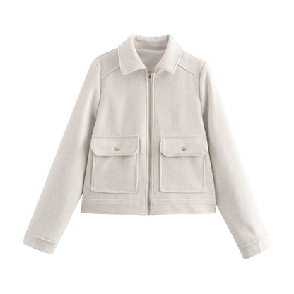 Women's Autumn Fashion Soft Woolen Pocket Zipper Coats