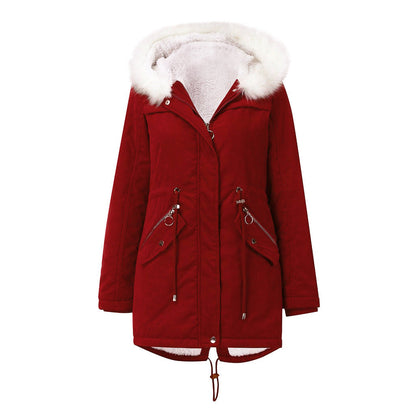 Women's Fur Collar Parka Mid-length Hooded Winter Warm Veet Woman Coats