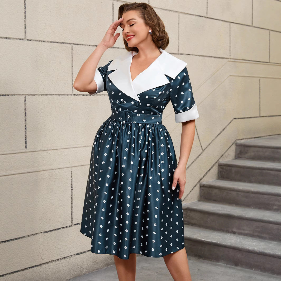 Printed Lapel Sleeve Hem Commuter Dress Dresses