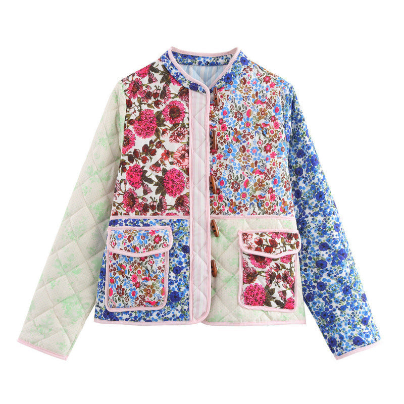 Women's Thickening Print Block Horn Button Printed Coats