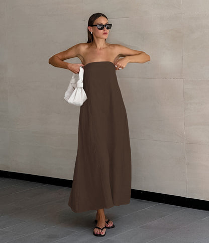 Women's Cotton Linen Tube Vacation High Waist Dresses