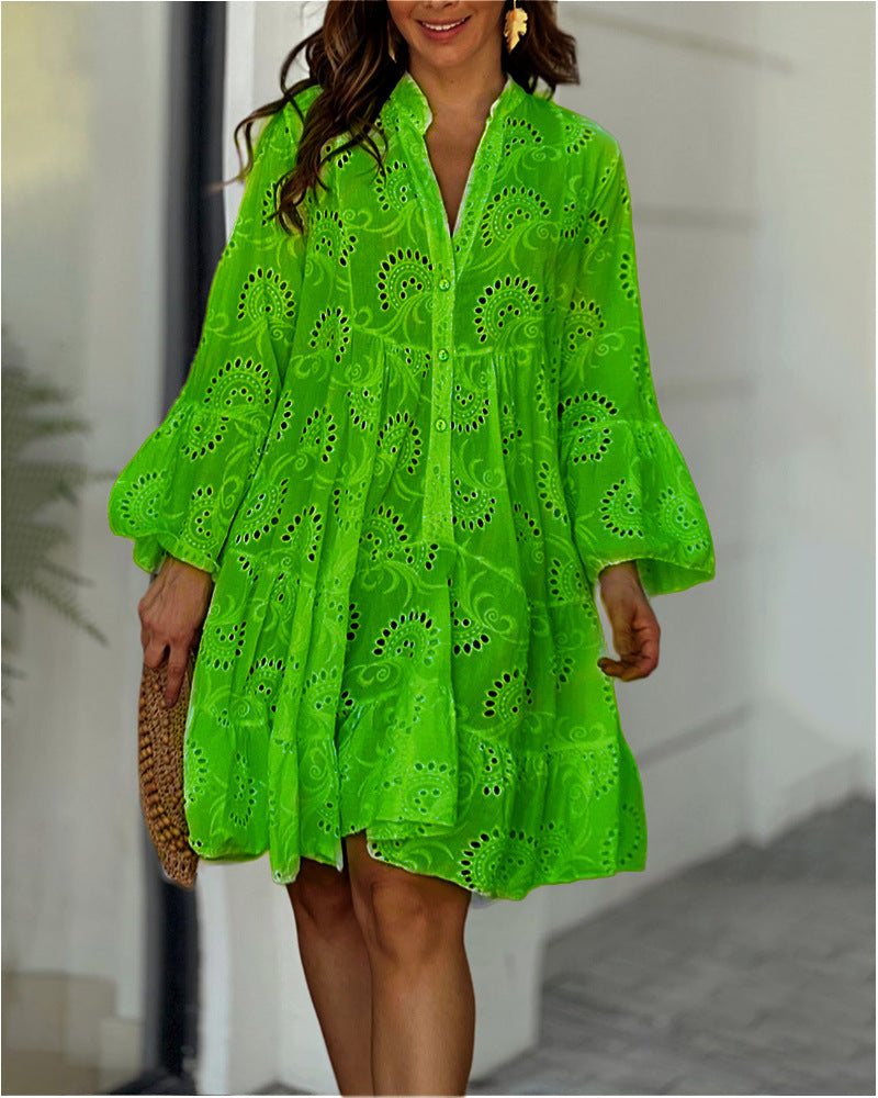Color Loose Embroidered Cutout Lace Flower Dresses