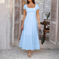 Women's Pure Color Tied Pleating Puff Sleeve Dresses