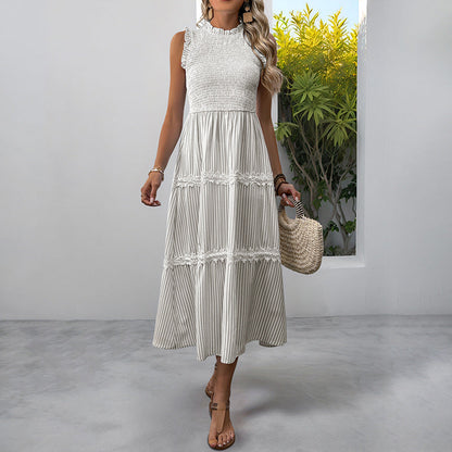 Women's Sleeveless Long Jumper Dress Smocking Striped Dresses