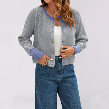 Women's Single Row Button Contrast Color Knitted Sweaters