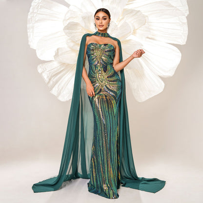 Women's Sleeve Sequined Banquet Cloak Fishtail Dress Dresses