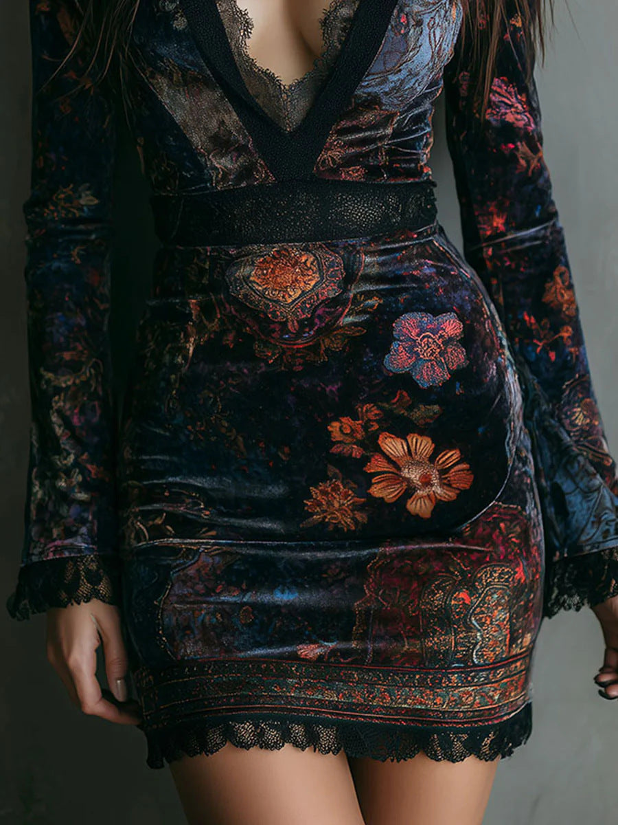 Floral Print Collar Veet Tight Mini Dresses