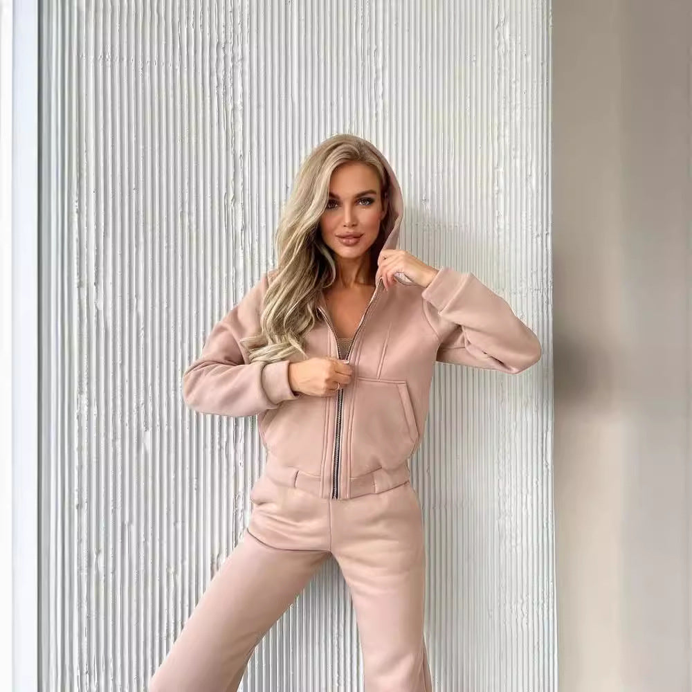Women's Fleece-lined Long-sleeved Hooded Zipper Trousers Suits