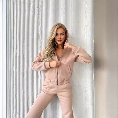 Women's Fleece-lined Long-sleeved Hooded Zipper Trousers Suits