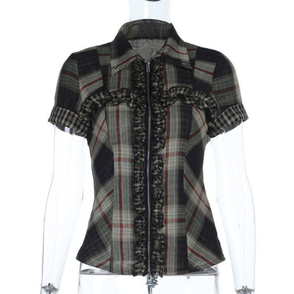 Women's Dark Plaid Shirt Hot Style Zipper Blouses