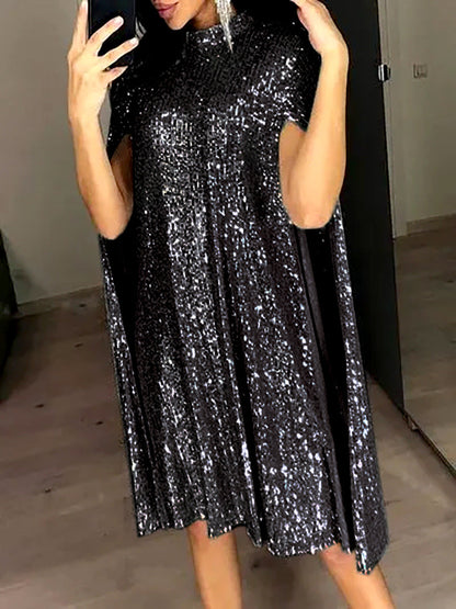 Women's Sequin Long Sleeve Split Dress Small Stand Dresses