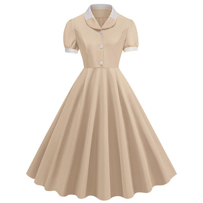 Patchwork Waist Trimming Short-sleeved Retro Hepburn Dresses