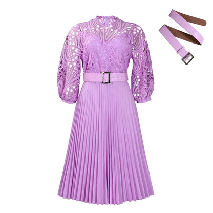Women's Temperament Pure Color Lace Crocheted Pleated Dresses