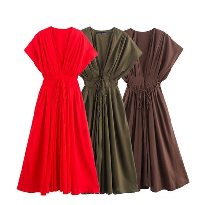 Women's Elegant Pleated Short-sleeved Midi Dress Dresses