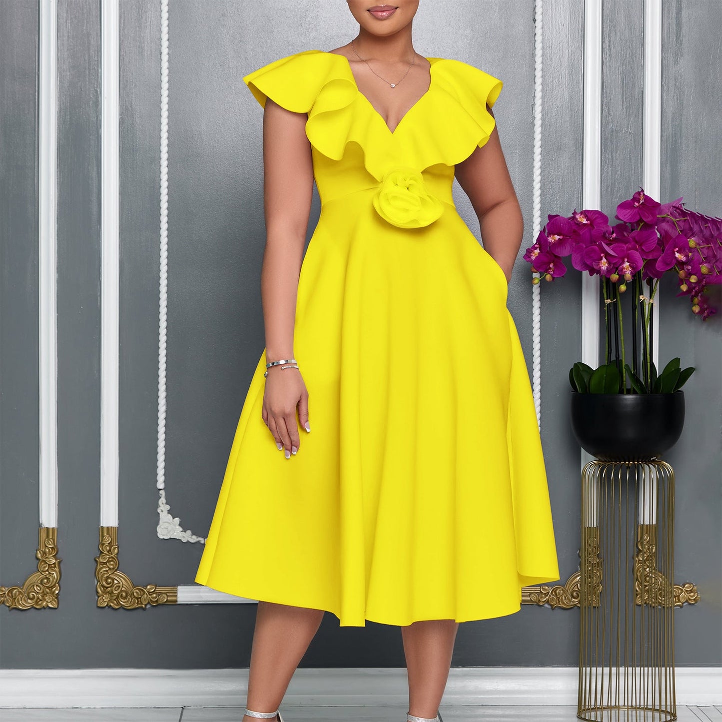 Women's Flounce Three-dimensional Flower Dress Banquet Dresses