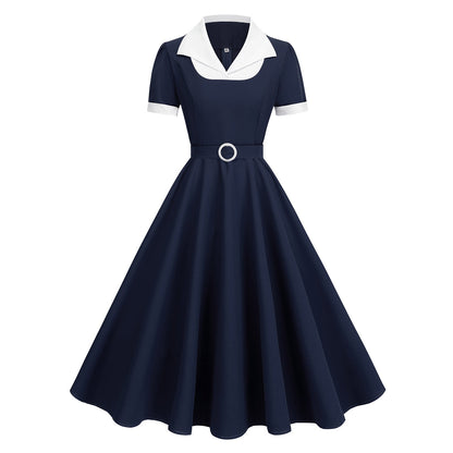Elegant Contrast Color Lapels Commuter Fake Two-piece Large Dresses