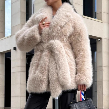 Women's Winter Thickened Faux Fur Mid-length Belt Fox Coats