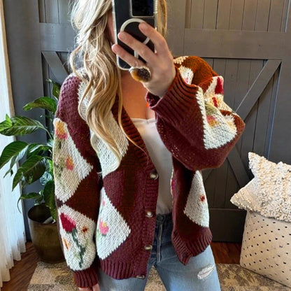 Women's Contrast Color Flower Jacquard Single-breasted Casual Sweaters