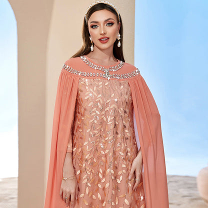 Orange Pink Leaves Mesh Embroidered Fashionable Dresses