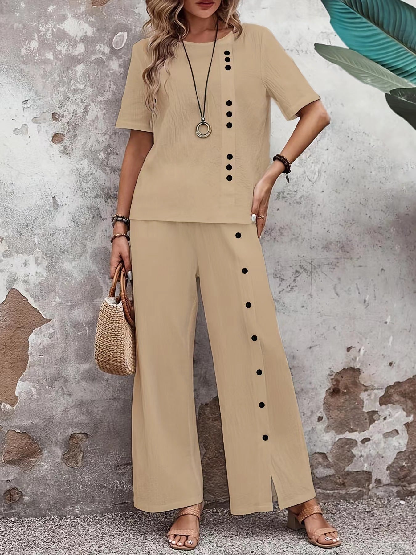 Women's Linen Fashion Casual Loose Two-piece Sleeve Button Suits