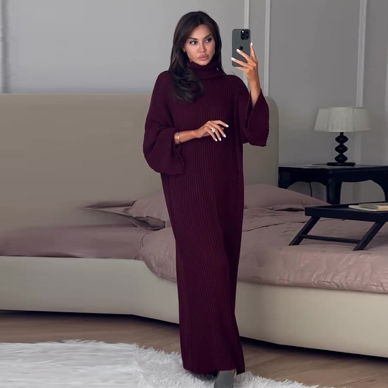Women's Autumn High Collar Loose Casual Striped Dresses